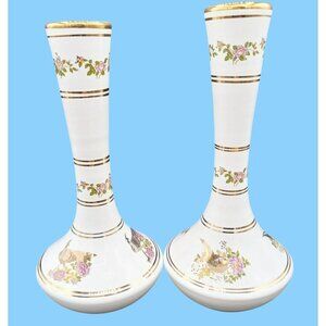 Neofitou Vase Pair Greece Vintage 24K Gold Trim Floral Bird Handcrafted Elegant